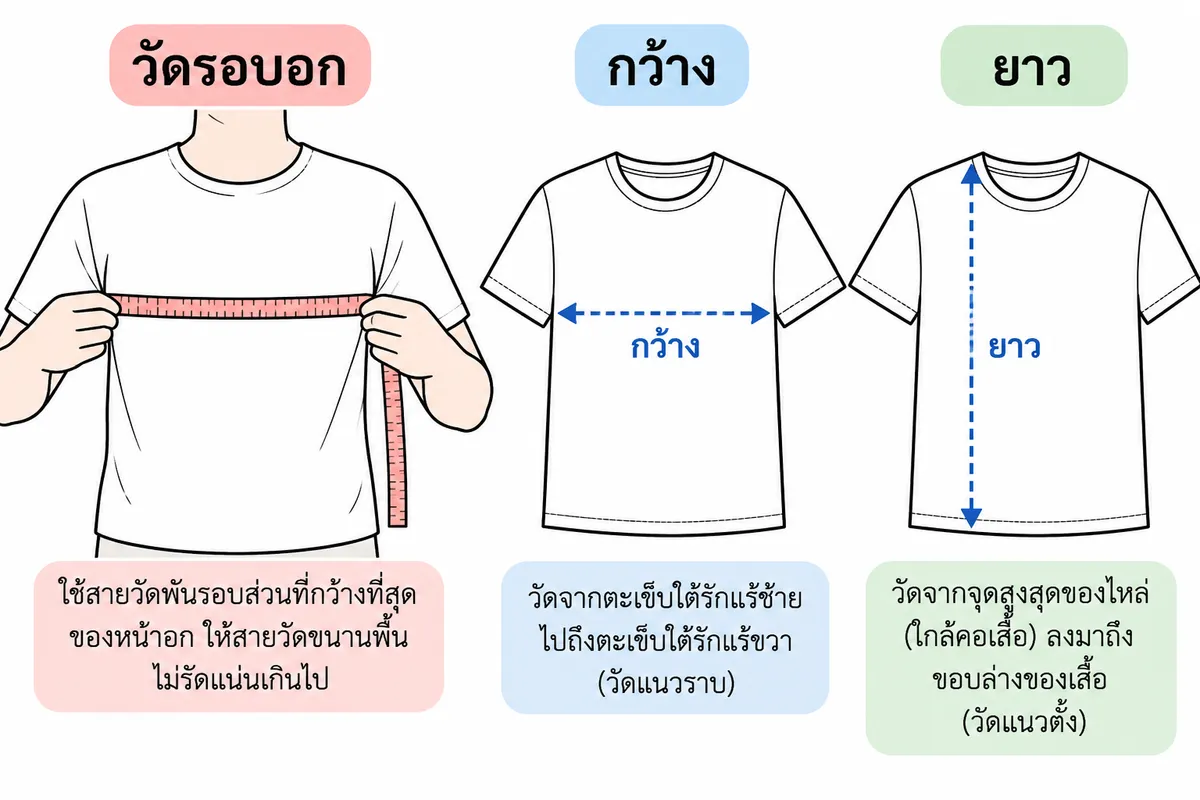 ภาพประกอบวิธีวัดเสื้อ 3 แบบ: วัดรอบอก วัดความกว้าง และวัดความยาว